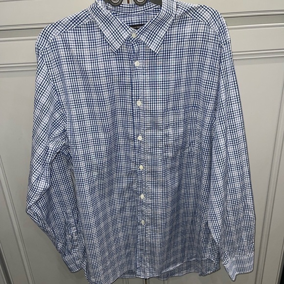 Billy Reid Linen blend blue plaid long sleeve button front shirt size large - Picture 1 of 4